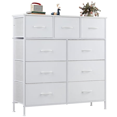 edx Fabric Storage Dresser with 9 Drawers, Steel Frame and Wooden Top for Bedroom, Closet and Entryway , White