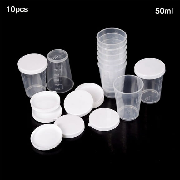 Gerich 20 Pcs 50ml Plastic Medicine Measuring Cups with White Lids Cap Container, Transparent Measuring Cup Tool, Mixing Cups, Laboratory and Cooking and Painting Accessories