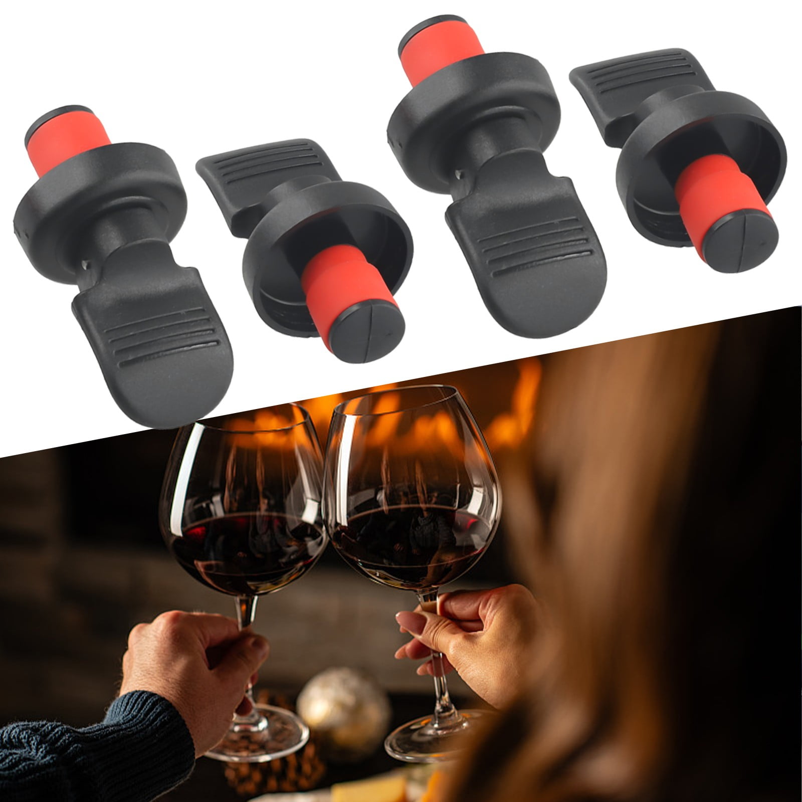 Yannee 4 Pcs Wine Bottle Stopper Reusable,Bar Hand Press Sealing Stop Cap,Cork Plug Seal Lids for Beers,Champagne,Red Wine,Black