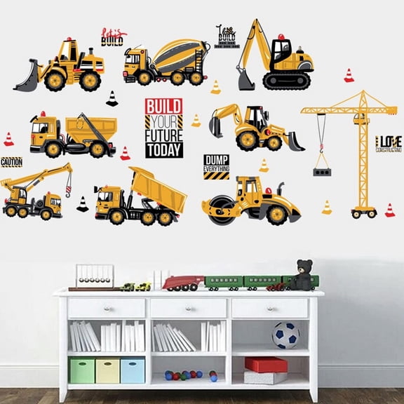 Yannee Cartoon Excavator Construction Wall Decals Baby Boy Nursery Kids Room Stickers 4 Pcs