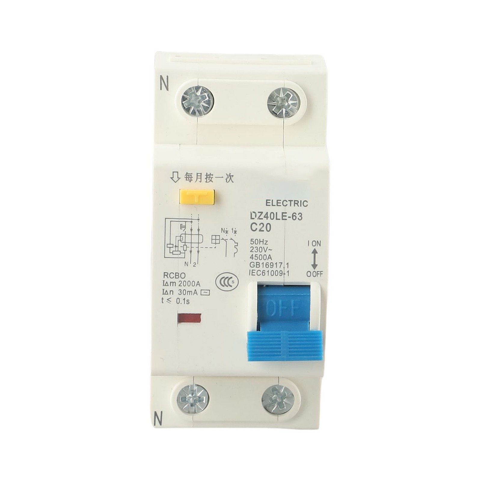 Disjoncteur Différentiel FI 20A C20 1P+N - 240V AC, 30mA, Protection Surtension/Court-Circuit, Pour Rail DIN, Blanc [RCBO]