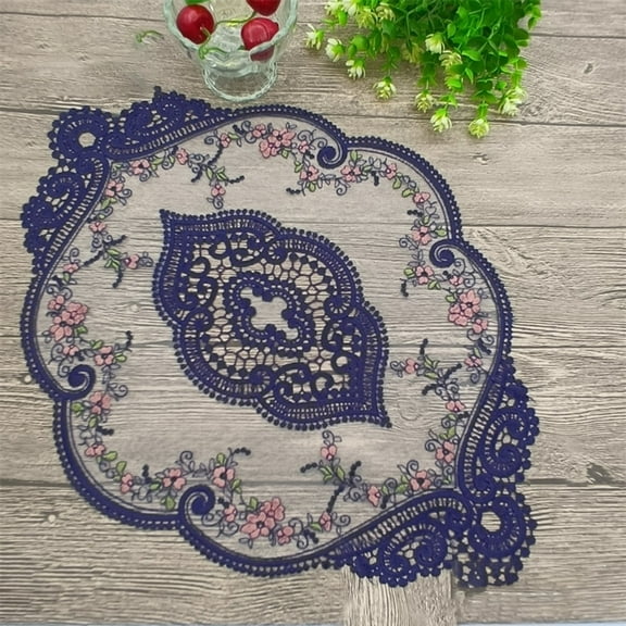 Yannee Lace Tablecloth,1 Pcs Round Rose Embroidered Table Cloth Crochet Table Runner Overlay Wedding Party Dinner Decor,Navy Blue