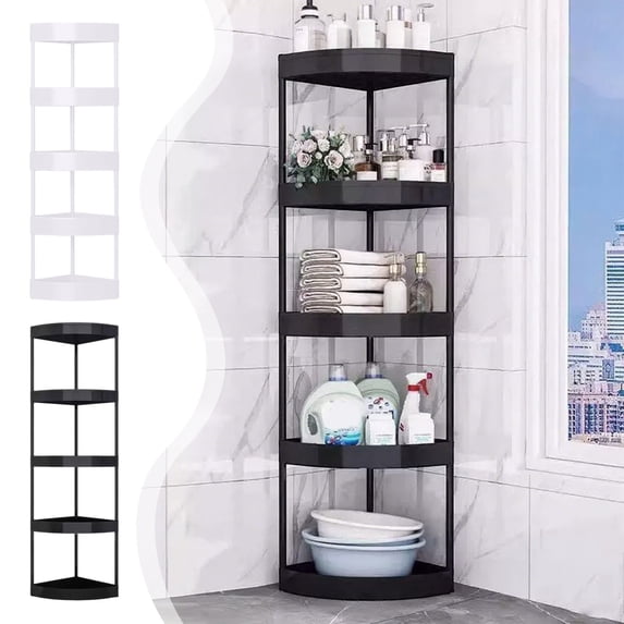 Yannianjz 2Pcs Corner Storage Rack Floor, 5-Tier Triangular Shelf Stand, Plastic Bathroom Kitchen Crevice Organizer, Tall Narrow Shelving Unit for Bathroom Kitchen Living Room Balcony