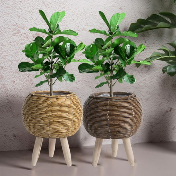 Yannianjz 2Pcs Imitation Rattan Flower Stand, Triangular Support Desktop Planter, Woven Potted Storage Container for Indoor Plants, Office Decor, Home Decor