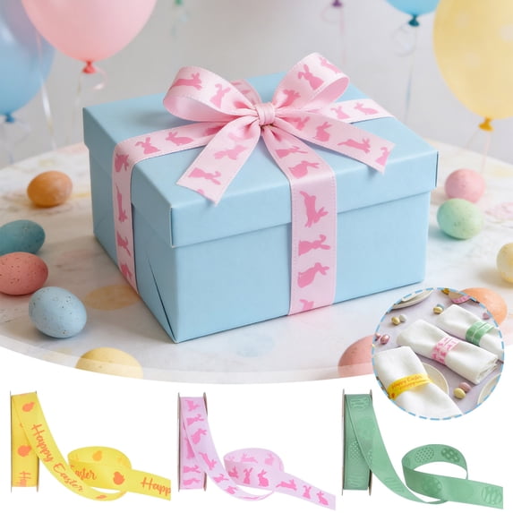 Yannianjz 3Pcs Cute Easter Bunny Ribbon Bow, Wrapping Ribbon Easter Eggs Ribbon Decoration, DIY Craft Ribbon, Wired Edge Ribbon, Gift Wrapping Bow, Wreath Making Ribbon, Spring Holiday Trim,