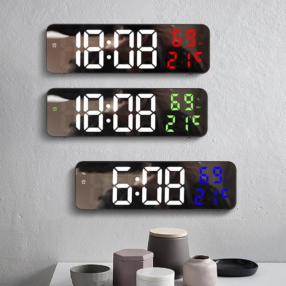 Yannianjz 3Pcs LED Digital Wall Clock, Large Screen Alarm Clock, Wall Mounted or Tabletop, Temperature Date Display, Mirror Finish, Bedroom Living Room Home Decor, Plug in or Battery