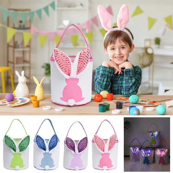 Yannianjz 4Pcs Easter Decorations, Luminous Easter Eggs Carrying Basket with LED Lights, Easter Buckets Candy Gift Bags for Easter Party Decor Indoor Outdoor