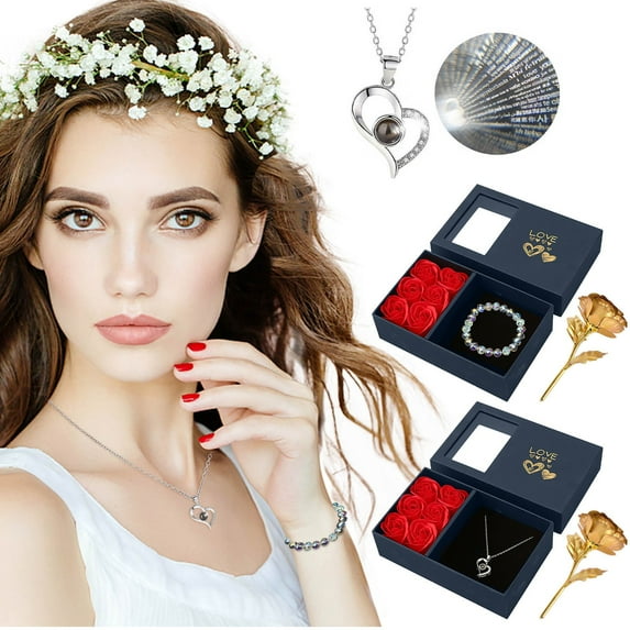 Yannianjz under $5 2Pcs Rose Bracelet Gift Set, Simulated Rose and Crystal Bracelet Gift Set, Eternal Flower Jewelry Gift Box, Romantic Valentine's Day Present for Her