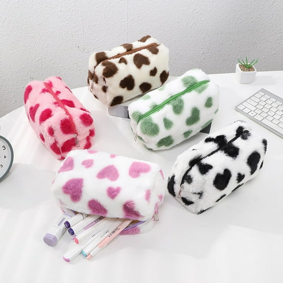 Yannianjz under $5 5Pcs Cute Cosmetic Bag, Sweet Heart Pattern Large Capacity Cosmetics Bag, Cute Plush Travel Storage Organizer, Portable Grooming Toiletry Bag,GirlsStationery Pencil Case