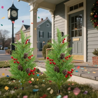 Yannianjz under $5 Christmas Artificial Cedar Topiary Trees with Ground Spike, UV Resistant Fake Bushes Artificial Shrubs with Pine Picks Red Berry Plants for Outdoor Indoor Front Porch Garden