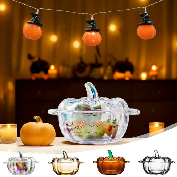 Yannianjz under $5 Crystal Pumpkin Jar with Cover, Glass Decorative Wedding Candy Bowl Snack Candy Dish Storage with Lid Organizer Canisters Home Decor Fall Thanksgiving Halloween Party Centerpieces