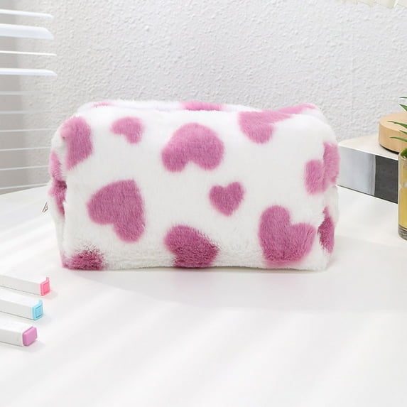 Yannianjz under $5 Cute Cosmetic Bag, Sweet Heart Pattern Large Capacity Cosmetics Bag, Cute Plush Travel Storage Organizer, Portable Grooming Toiletry Bag,GirlsStationery Pencil Case, Gift for Teens