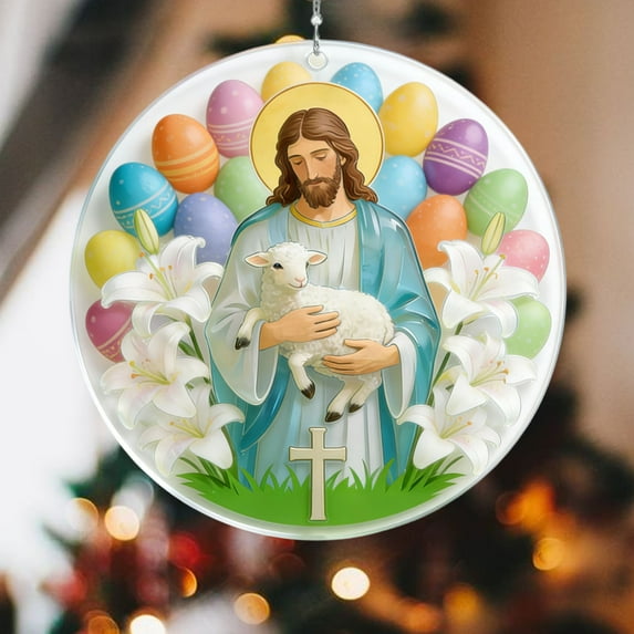 Yannianjz under $5 Easter Ornament, Easter Double Sided Jesus Ornament, Religious Scene Acrylic Hanging Decor, Resurrection Cross Ornament 8cm, Easter Holiday Wall Window Decoration