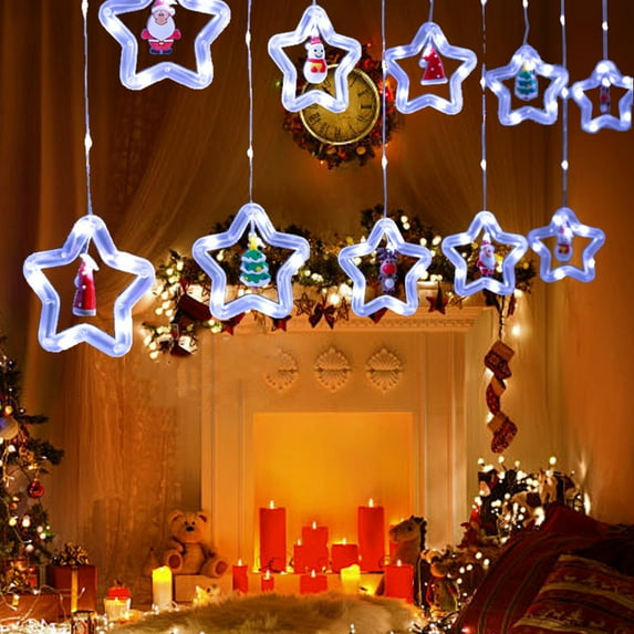 Yannianjz under $5 LED Christmas Lights, Christmas LED Star Curtain Lights, Decorative String Lights for Indoor Room, Christmas Tree Snowflake Lights, Holiday Ambience Lighting Decor