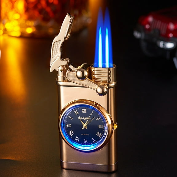 Yannianjz under $5 Lighter Watch, Double Flame Windproof Lighter, Quartz Watch Design Metal Lighter, Refillable Butane Gas Lighter, Fashionable Gift Lighter for Men, Unique Blue Flame Jet Lighter