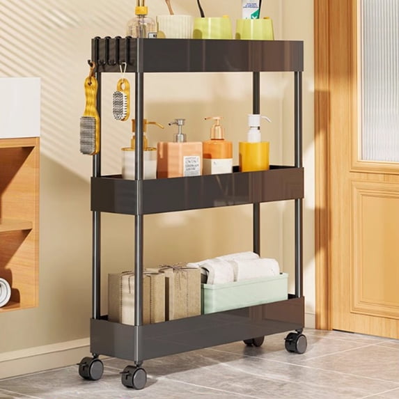 Yannianjz under $5 Storage Rolling Cart, 3 Tier Utility Cart Kitchen Slim Mobile Storage Unit Organizers with Wheels Hooks for Bedroom Bathroom Office Table Side in Narrow Places