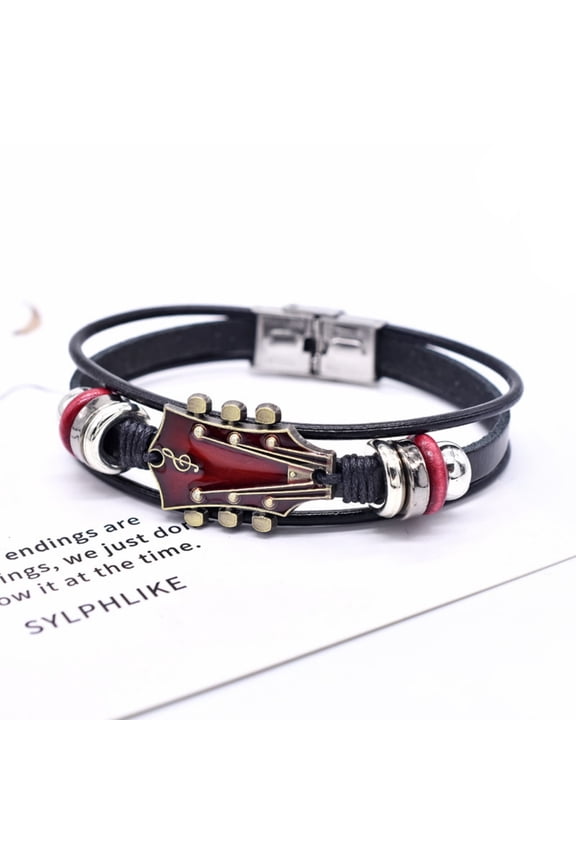 Alloy Music Guitar Leather Bracelet, Handmade Adjustable Guitar String Bracelet, Vintage Rock Band Punk Wristband for Men Women, Unisex Musical Instrument Jewelry Gift for Guitarists