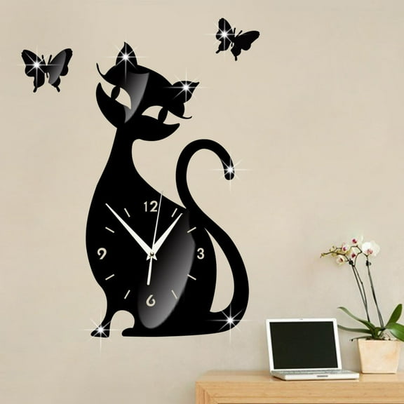 Yannianjz Black Cat Mirror Wall Clock, Modern Silent Quartz Decorative Wall Sticker, Space-Saving Home Decor for Bedroom Living Room Office