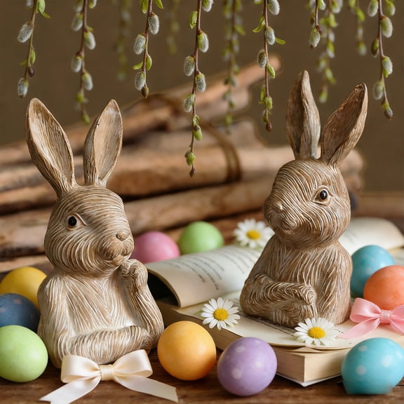 Yannianjz Bunny Bust Sculpture, Imitation Wood Grain Resin Rabbit Head, Set of 2 Decorative Bunny Ornaments, Spring Table Decor, Easter Rabbit Sculpture