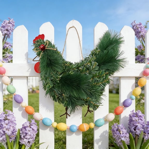 Yannianjz Chicken Wreath, 15.7 Inch Easter Chicken Shaped Wreath for Front Door, Farmhouse Spring Decoration with Green Leaves, Rustic Rooster Wreath, Country Easter Decor