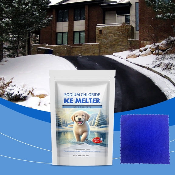 Yannianjz Ice Melt Pet Safe, Fast Acting Snow Melter, Magnesium Chloride Pellets for Driveway and Walkway, Winter Snow Removal Salt for Concrete, Safe for Pets and Vegetation, 100g with Duster