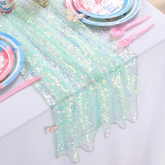 Yannianjz Sequin Table Runner, Glitter Iridescent Sparkle Fabric Tablecloth, 72 Inch Long Rectangular Party Decor forGirlsBirthday Wedding Dinner Decoration