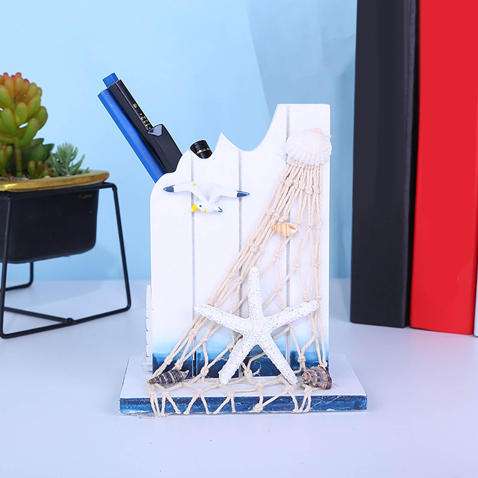 Yannianjz Vintage Pen Container, Wooden Desk Storage Box for Office Study, Seastyle Decorative Pen Holder, Home Office Organizer for Pens Pencils, Nautical Style Desk Accessory
