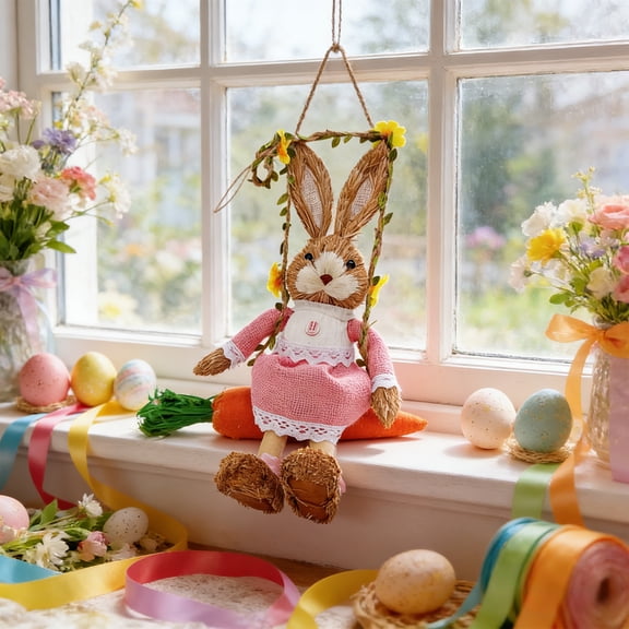 Yannianjz Woven Grass Hanging Ornament, Easter Wall Pendant, 13.78 Inch Hand Woven Straw Decor, Rustic Natural Hanging for Garden, Door, Farmhouse Spring Decoration