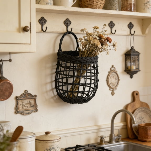 Yannianjz Woven Hanging Basket, Wall Mounted Storage Basket for Kitchen, Vintage Ginger and Garlic Container, Small Flower Basket, Home Decor Organizer