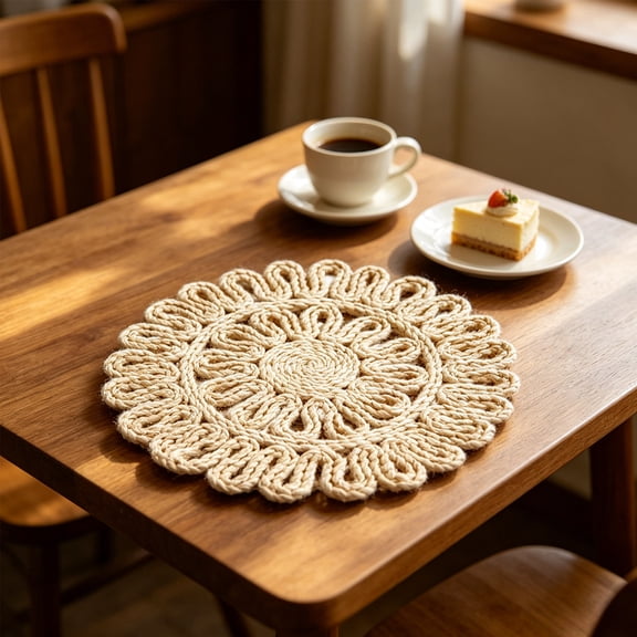 Yannianjz Woven Placemat, Natural Round Heat Resistant Table Mat, Handmade Wood Fiber Braided Trivet, Boho Dining Kitchen Home Decor