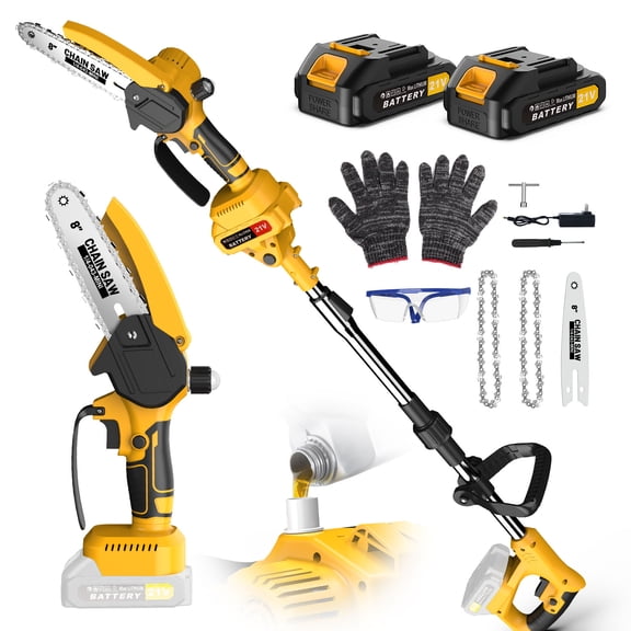 Yannovus 8-Inch Electric Pole Saw with 2 x 3.0Ah Battery, 2-in-1 Mini Cordless Chainsaw with Extension Pole for Tree Trimming & Wood Cutting