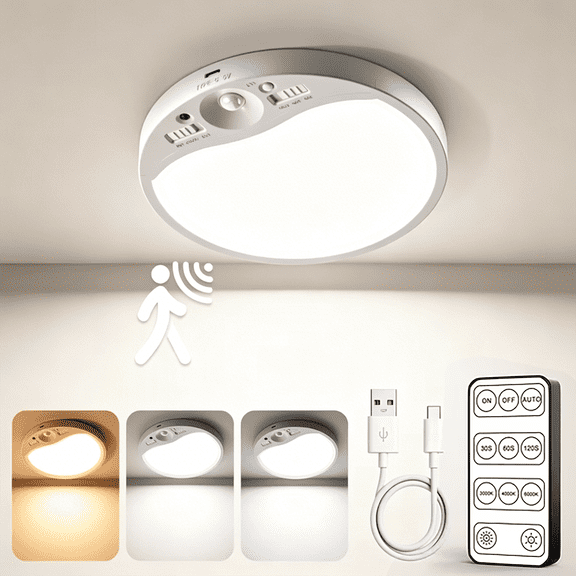 Yannovus Rechargeable Ceiling Light, 8000mA Wireless Motion Sensor Light with Remote Control and 3 Color Temp for Closet, Storage Room, Garage, Bathroom, Stairs, Doorway