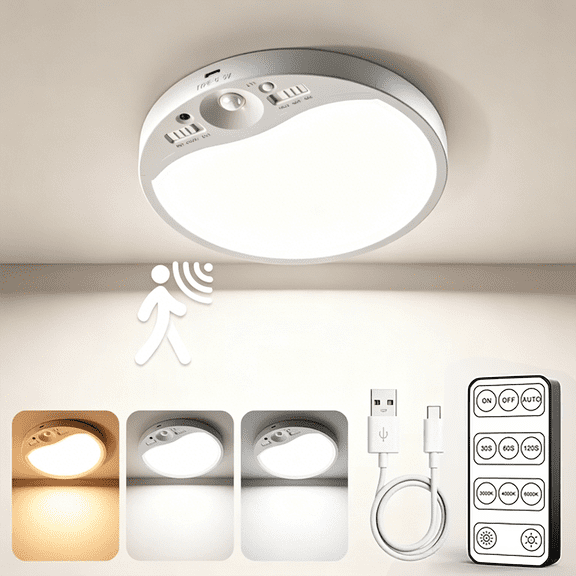 Yannovus 8000mAh Motion Sensor Ceiling Light Indoor with Remote, 3-Color Magnetic Battery Operated Lights, 7'' Super Slim Ceiling Light Adjustable Motion Timer 30s/60s/120s for Closet Shower