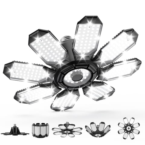 Yannovus LED Garage Light, 26000LM 6500K Deformable Garage Light with 8+1 Adjustable Panels, E26/E27 Screw-in Ceiling Light for Basement Workshop 260W