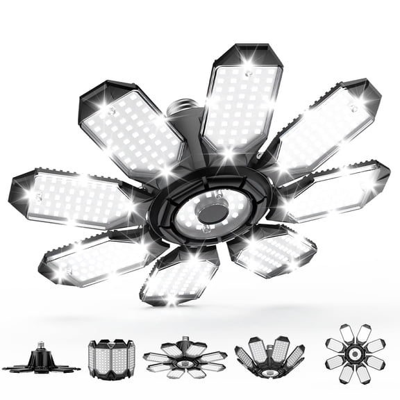 Yannovus LED Garage Light, 26000LM 6500K Deformable Garage Light with 8+1 Adjustable Panels, E26/E27 Screw-in Ceiling Light for Basement Workshop 260W