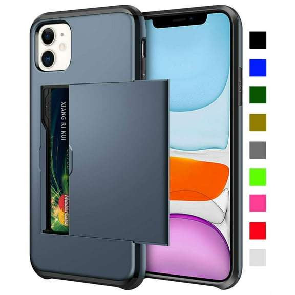 Yanonmyfd Card Holder iPhone 11 Case (Black) Dual Layer Shockproof Wallet with Heavy Duty Protection