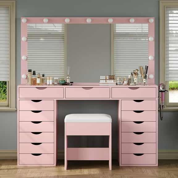 Yanosaku 15-Drawer Vanity Desk with Mirror, Power Outlet, LED Lights, Glass Top Dressing Table for Bedroom