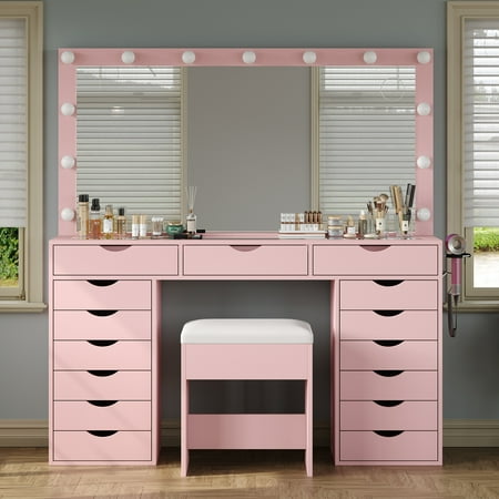 Yanosaku 15-Drawer Vanity Desk with Mirror, Power Outlet, LED Lights, Glass Top Dressing Table for Bedroom price history and forecast - Yanosaku