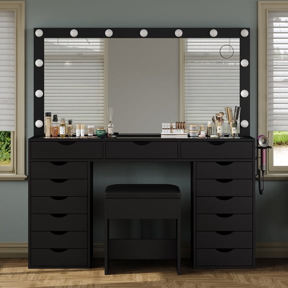Yanosaku Lighted Vanity Desk with Mirror, 15 Drawers, Adjustable LED Lighting, Glass Top, Stool Included