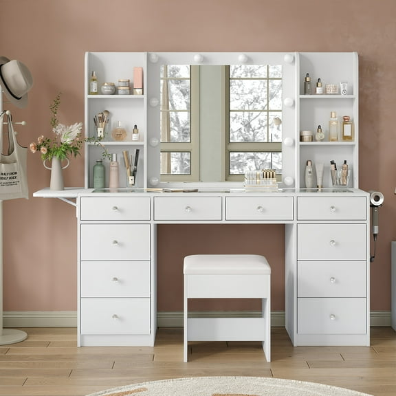 Yanosaku Vanity With Power Outlet, Vanity Desk With Mirror And 10 LED Lights, 10 Drawers Makeup Vanity With 6 Shelves, Fold-Up Panel, Vanity Table With Chair For Bedroom