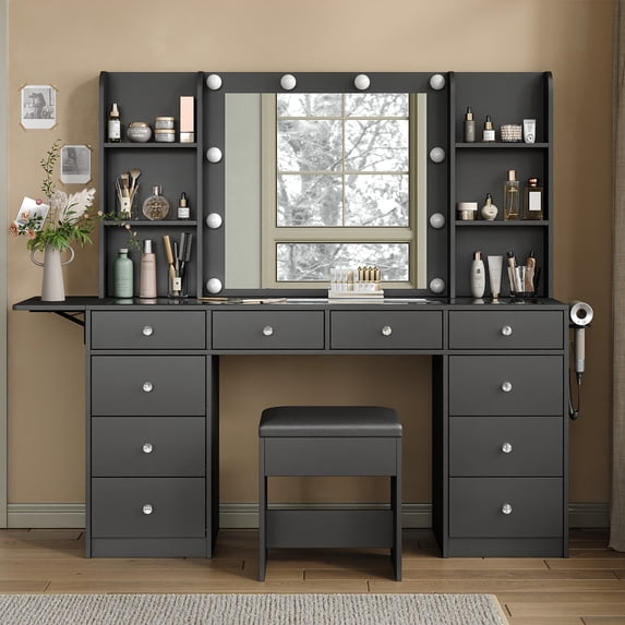 Yanosaku Vanity With Power Outlet, Vanity Desk With Mirror And 10 LED Lights, 10 Drawers Makeup Vanity With 6 Shelves, Fold-Up Panel, Vanity Table With Chair For Bedroom