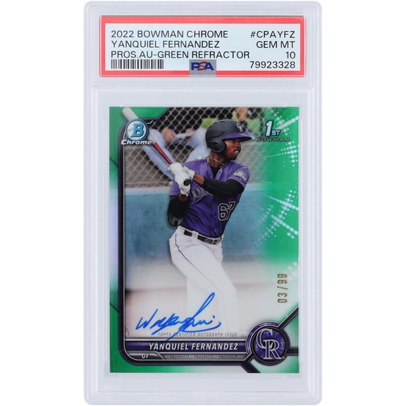 Yanquiel Fernandez Colorado Rockies Autographed 2022 Bowman Chrome Green Refractor #CPA-YFZ #3/99 PSA Authenticated 10 Rookie Card - Fanatics Authentic Certified