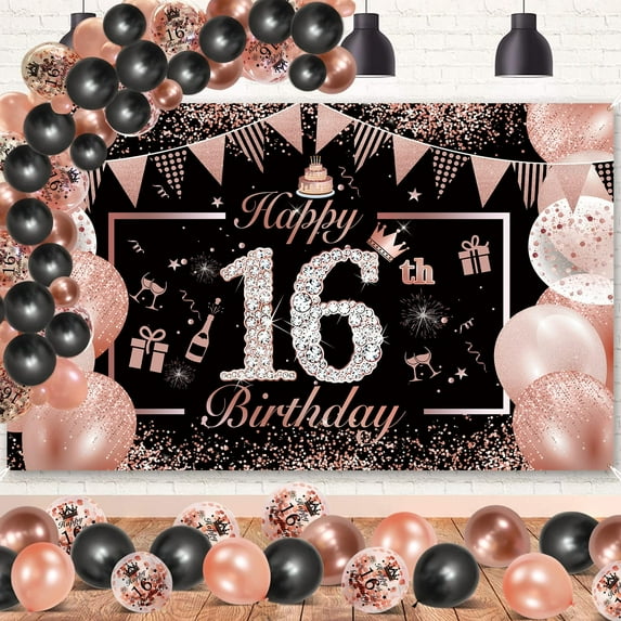 Yansion 16th Birthday Banner Decorations, Rose Gold and Black Kit for Girls