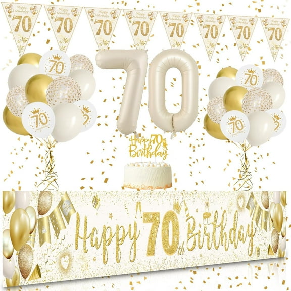 Yansion 70th Birthday Decorations for Women Men, 70th Birthday Decoration Kit with Sand White Gold Happy 70th Birthday Banner, Confetti Balloons, Number 70 Balloon Triangle Flag