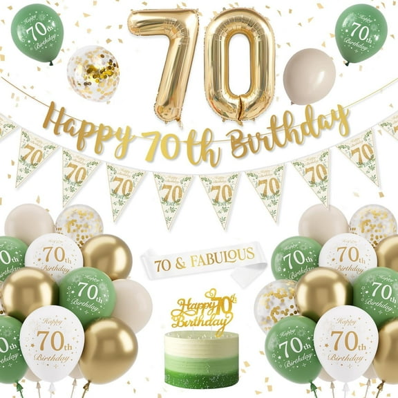 Yansion 70th Birthday Party Decorations for Women, Green Gold Balloons for Men Women, Happy 70th Birthday Banner, Birthday Sash, Number 70 Balloons, Cake Topper