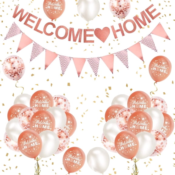 Yansion Rose Gold Welcome Home Decoration Kit, 1 Set of Banners and Balloons