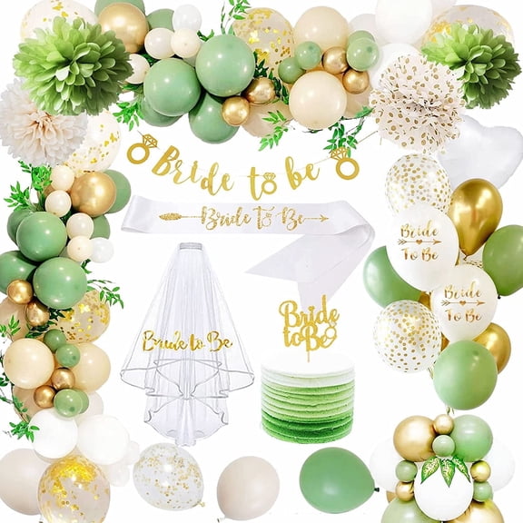 Yansion Sage Green & Gold Bachelorette Party Decoration Kit with Bridal Veil, 69 Pack