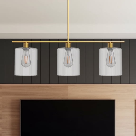3-Light Brass Modern Kitchen Island Light fixtures,Linear Chandelier Pendant Hanging Light with Clear Glass Shade