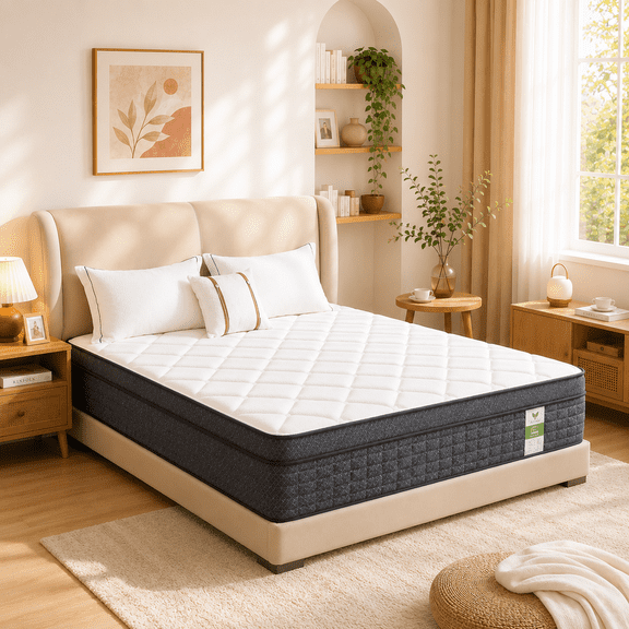 Yantan 12 inch Queen Hybrid Mattress, Medium Firm, Tencel Cooling, Zoned Pocket Coils with Edge Support, Bed in a Box