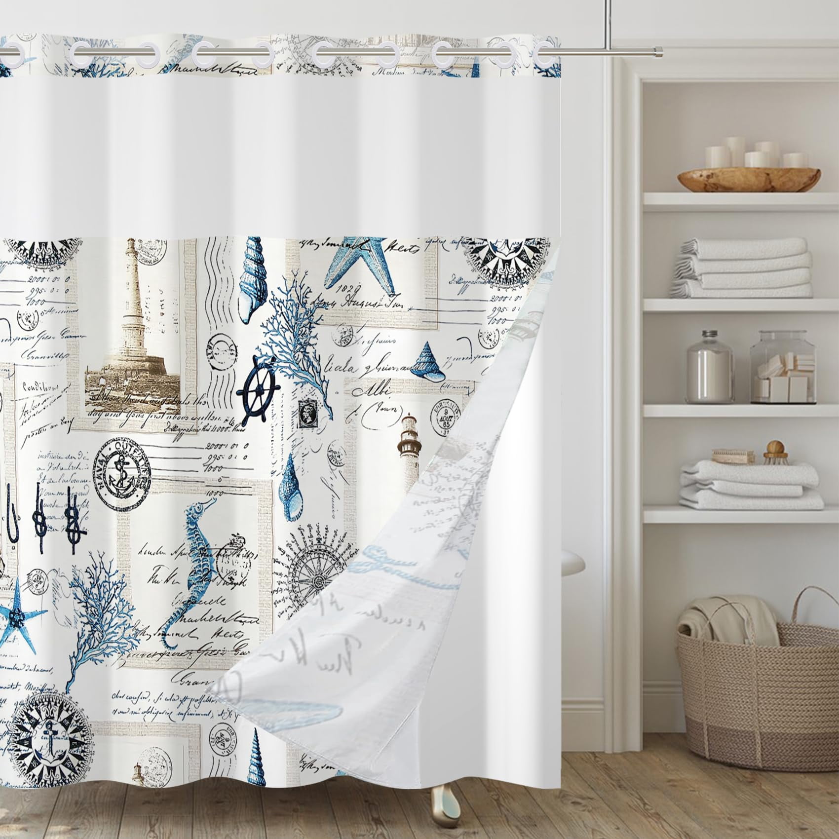 Yanutan No Hook Shower Curtain,Nautical Double-Layered Shower Curtain ...